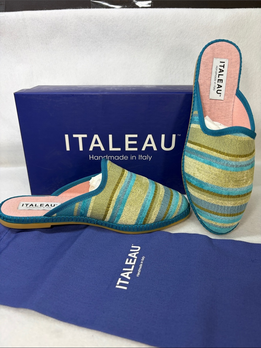ITALEAU Allia Mules in Velluto Denim Striped Velvet, Size 38.5 US 8-8.5 NIB/NWT